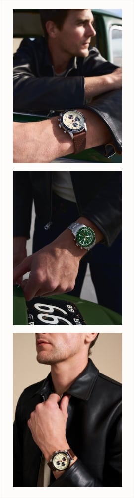 Image style bande de film présentant trois photos verticales d’un homme portant la montre Sport Tourer.