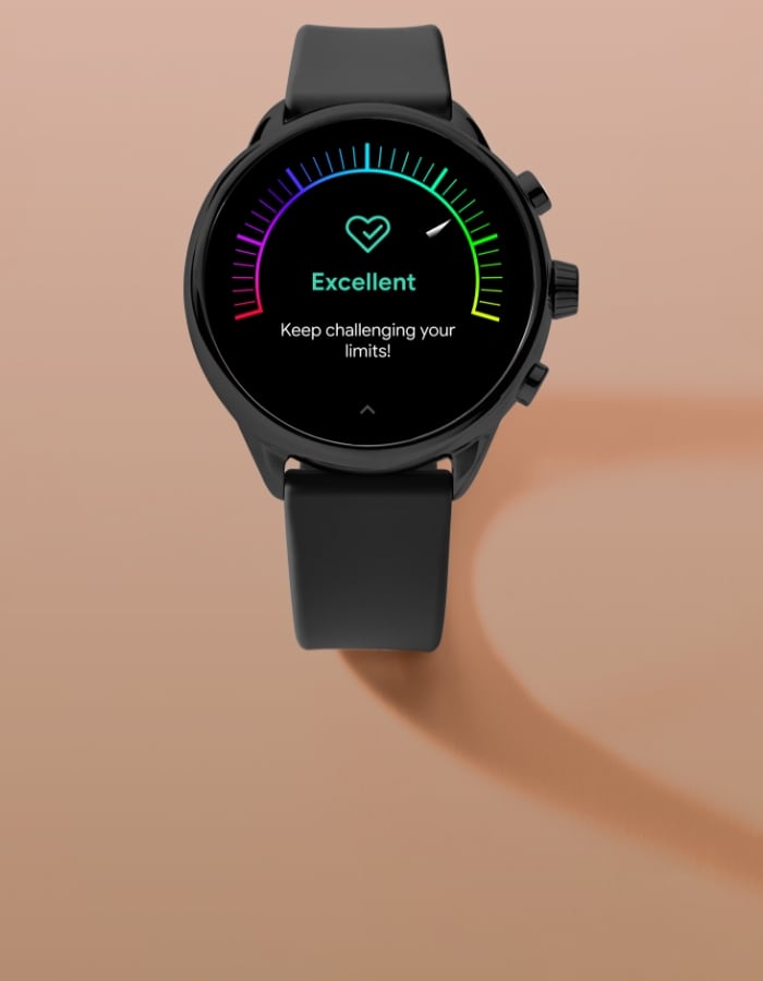 A closeup of a Gen 6 Wellness Edition smartwatch that reads Excellent Keep challenging your limits!
