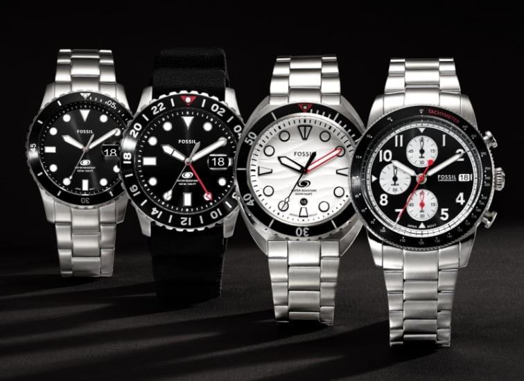 Quatre montres de luxe performantes : la Fossil Blue Dive, la Fossil Blue GMT, la Breaker et la Sport Tourer.