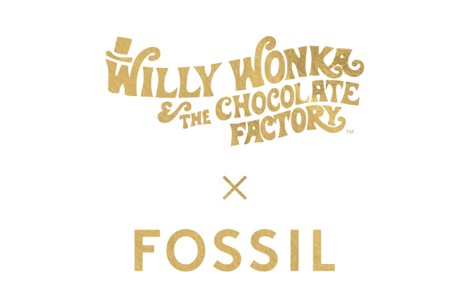 Logo Willy Wonka & The Chocolate Factory x Fossil sur un arrière-plan doré. 