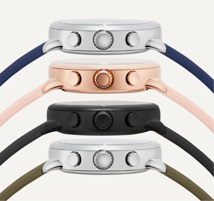 Side view of four Gen 6 Wellness Family smartwatches.