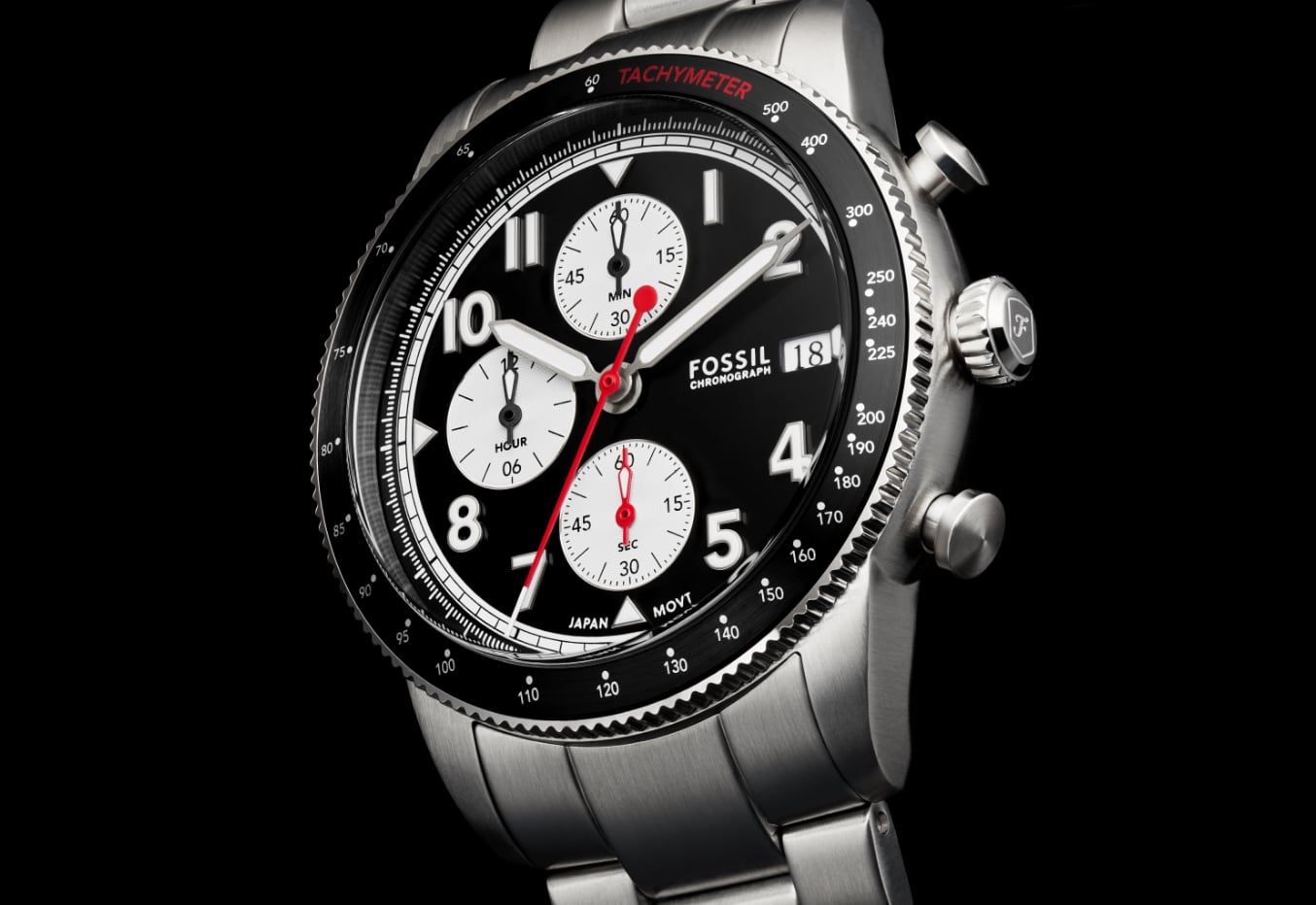 A silver-tone Sport Tourer watch with a black dial.
