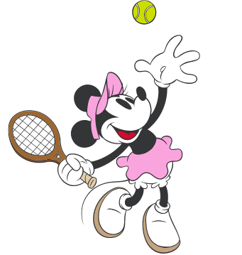 Une image GIF animée de Minnie Mouse de Disney faisant un service, la raquette par-dessus l’épaule.