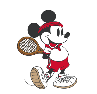 An animated GIF image of Disney's Mickey Mouse swinging a tennis racket.