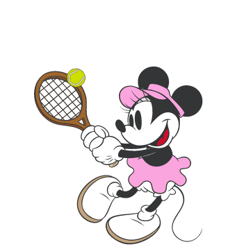 Ein animiertes GIF-Bild von Disneys Minnie Maus, die einen Tennisball über dem Kopf schlägt.