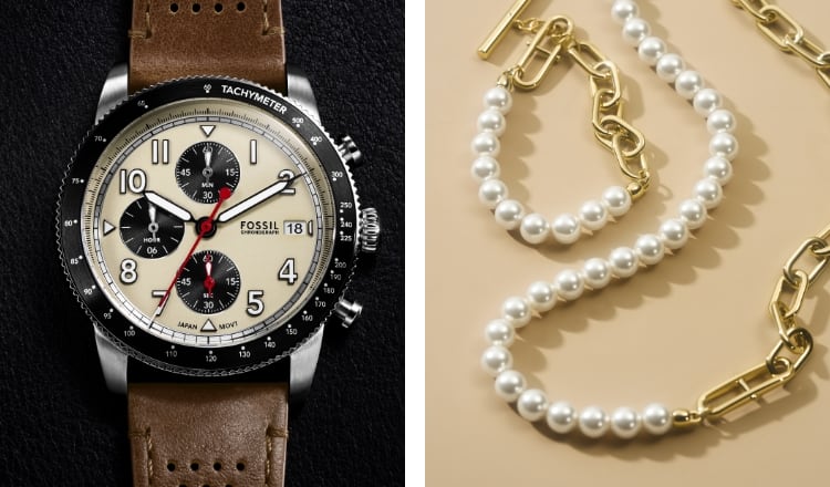Clockwise from top left: Women's gold-tone Raquel watch engraved with Going Places; a black-and-white image of a man wearing the Sport Tourer watch; a GIF of the brown leather Jessie bag and the gold-tone Fossil Heritage necklace; men's Breaker watch; a GIF of a mix of rings, including the gold-tone Raquel watch ring and four Raquel watches with a Raquel watch ring; a black-and-white image of a woman wearing the Raquel watch; a GIF of silver-tone chains and a women's gold-tone Raquel with malachite dial and a men's silver-tone Everett with a malachite dial; a stack of five Sport Tourer watches.
