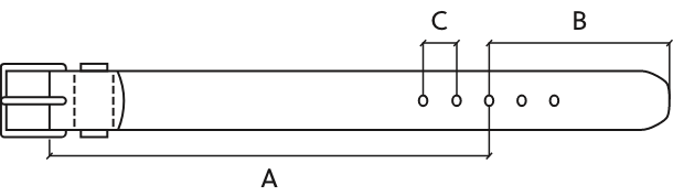 Illustration d’une ceinture plate avec la boucle à gauche et la languette à droite. Il y a cinq trous sur le côté droit de la ceinture. Les deux premiers trous sont étiquetés « C ». Le trou central est étiqueté « A » et « B ». Les deux derniers trous sont étiquetés « B ». 