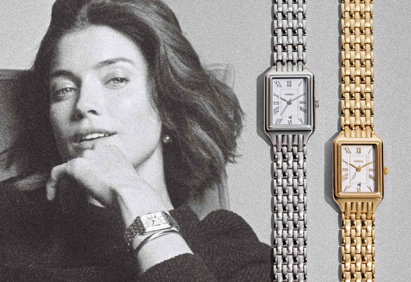 A black-and-white image of a woman wearing the Raquel watch with a silver-tone and gold-tone Raquel watch overlaid on top of the image.