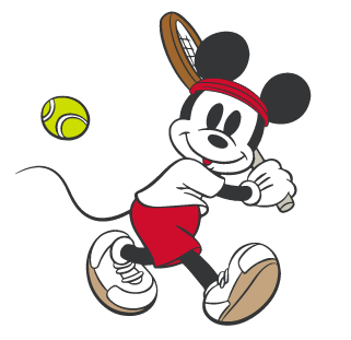 Une image GIF animée de Mickey Mouse de Disney faisant un mouvement de balancier avec une raquette de tennis.