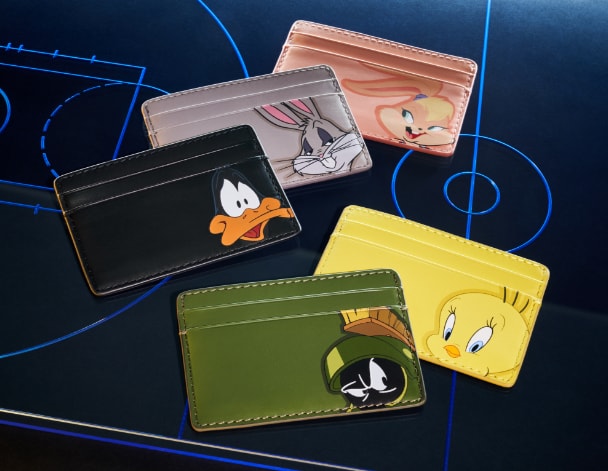 Five leather wallets with Space Jam characters.