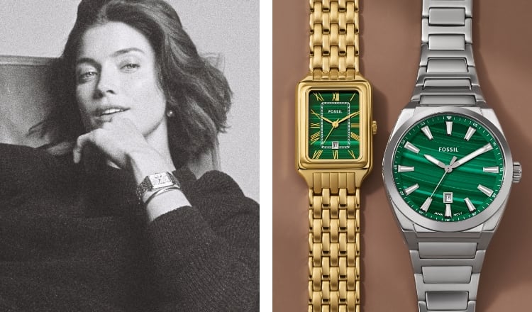 Clockwise from top left: Women's gold-tone Raquel watch engraved with Going Places; a black-and-white image of a man wearing the Sport Tourer watch; a GIF of the brown leather Jessie bag and the gold-tone Fossil Heritage necklace; men's Breaker watch; a GIF of a mix of rings, including the gold-tone Raquel watch ring and four Raquel watches with a Raquel watch ring; a black-and-white image of a woman wearing the Raquel watch; a GIF of silver-tone chains and a women's gold-tone Raquel with malachite dial and a men's silver-tone Everett with a malachite dial; a stack of five Sport Tourer watches.